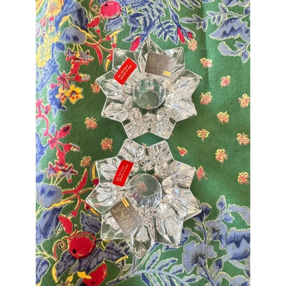 Set of 2 Mikasa Clear Crystal Snowflake Shaped‎ Candle Holders Home Decor